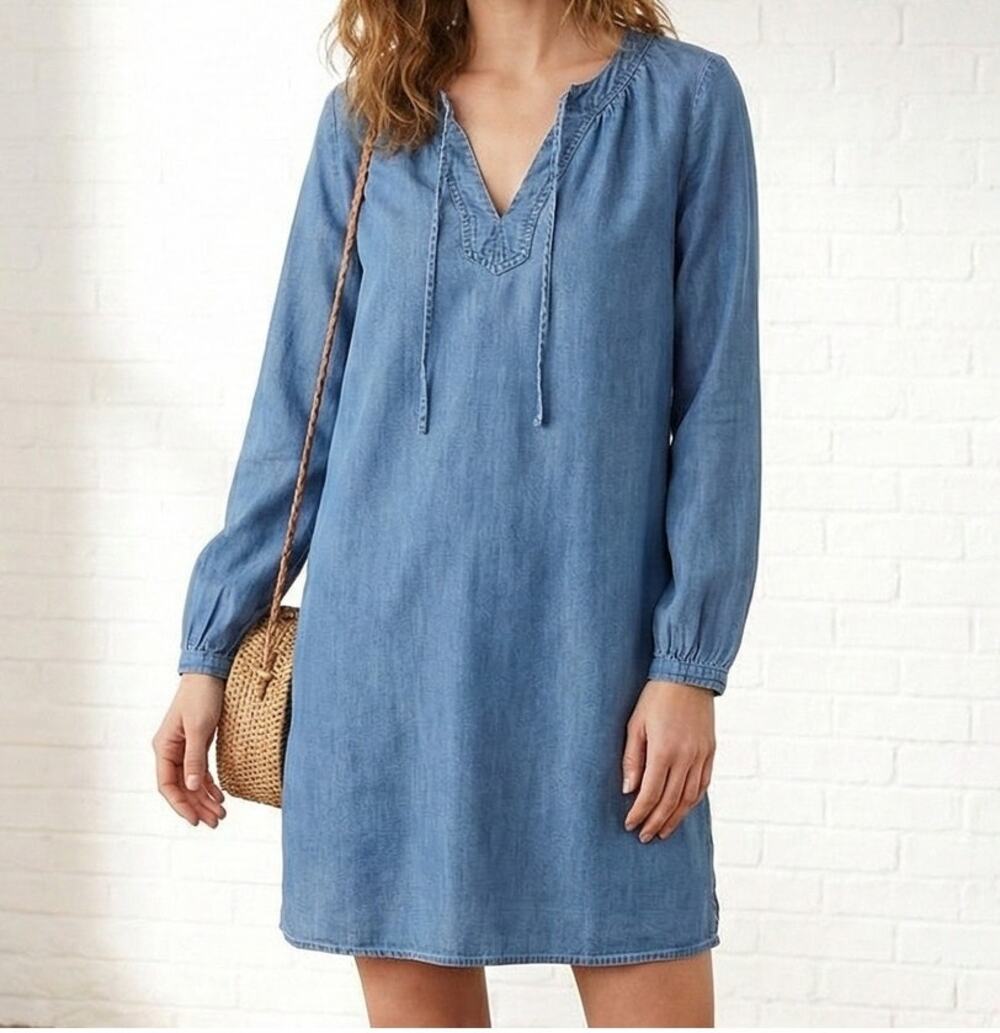 Old Navy Womens XS Blue Chambray Dress Tie V Neck L/S Short Shirt Dress